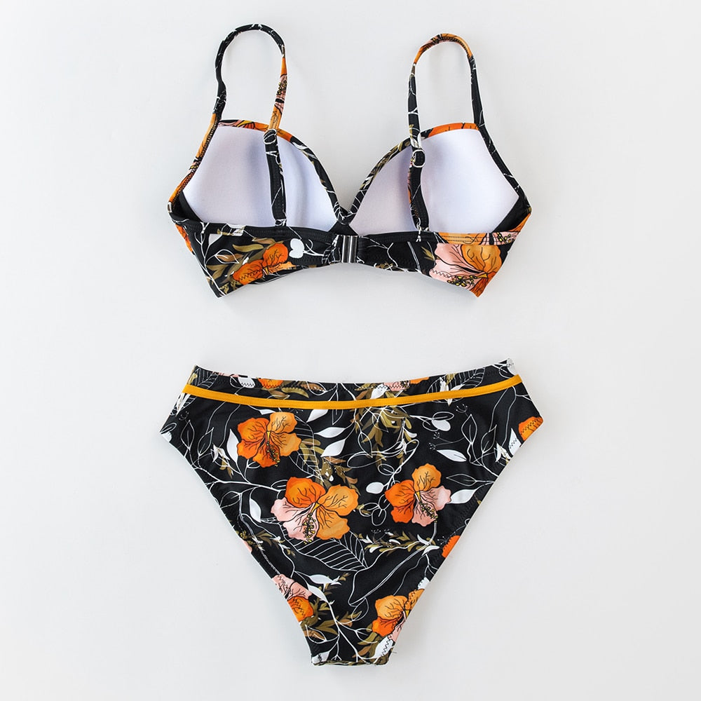 FLORAL MID WAIST SWIMSUIT PUSH UP
