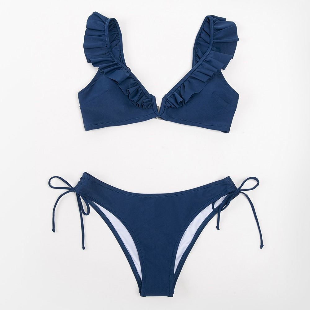 FLORAL RUFFLED V-NECK BIKINI