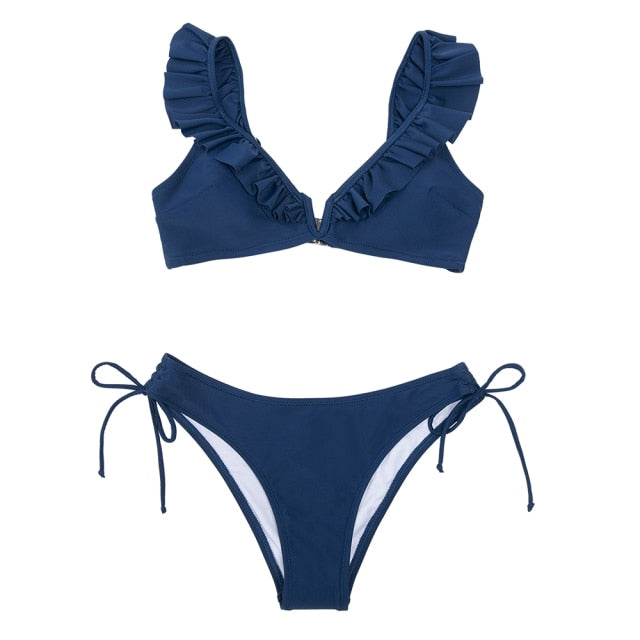 FLORAL RUFFLED V-NECK BIKINI