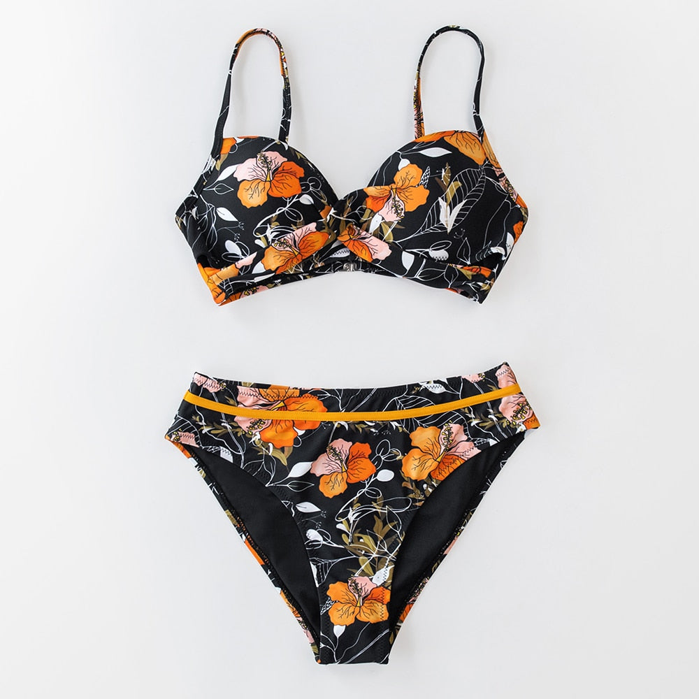 FLORAL MID WAIST SWIMSUIT PUSH UP