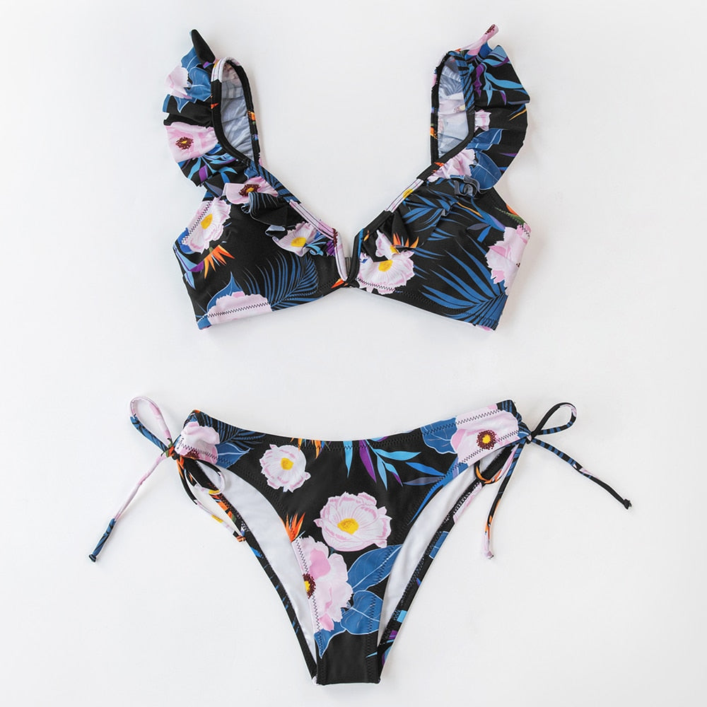 FLORAL RUFFLED V-NECK BIKINI