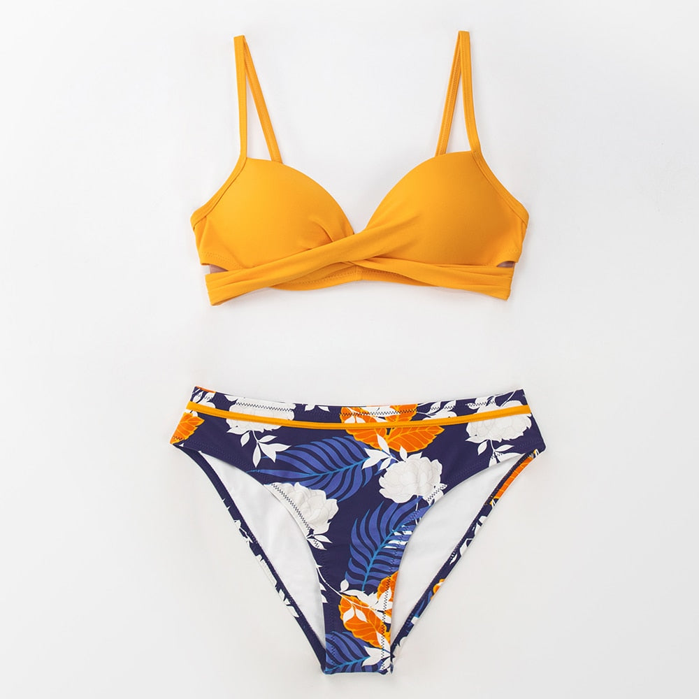 FLORAL MID WAIST SWIMSUIT PUSH UP