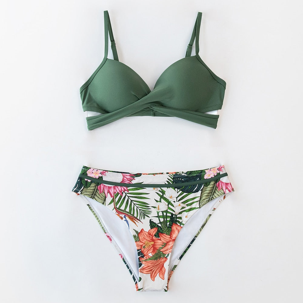 FLORAL MID WAIST SWIMSUIT PUSH UP