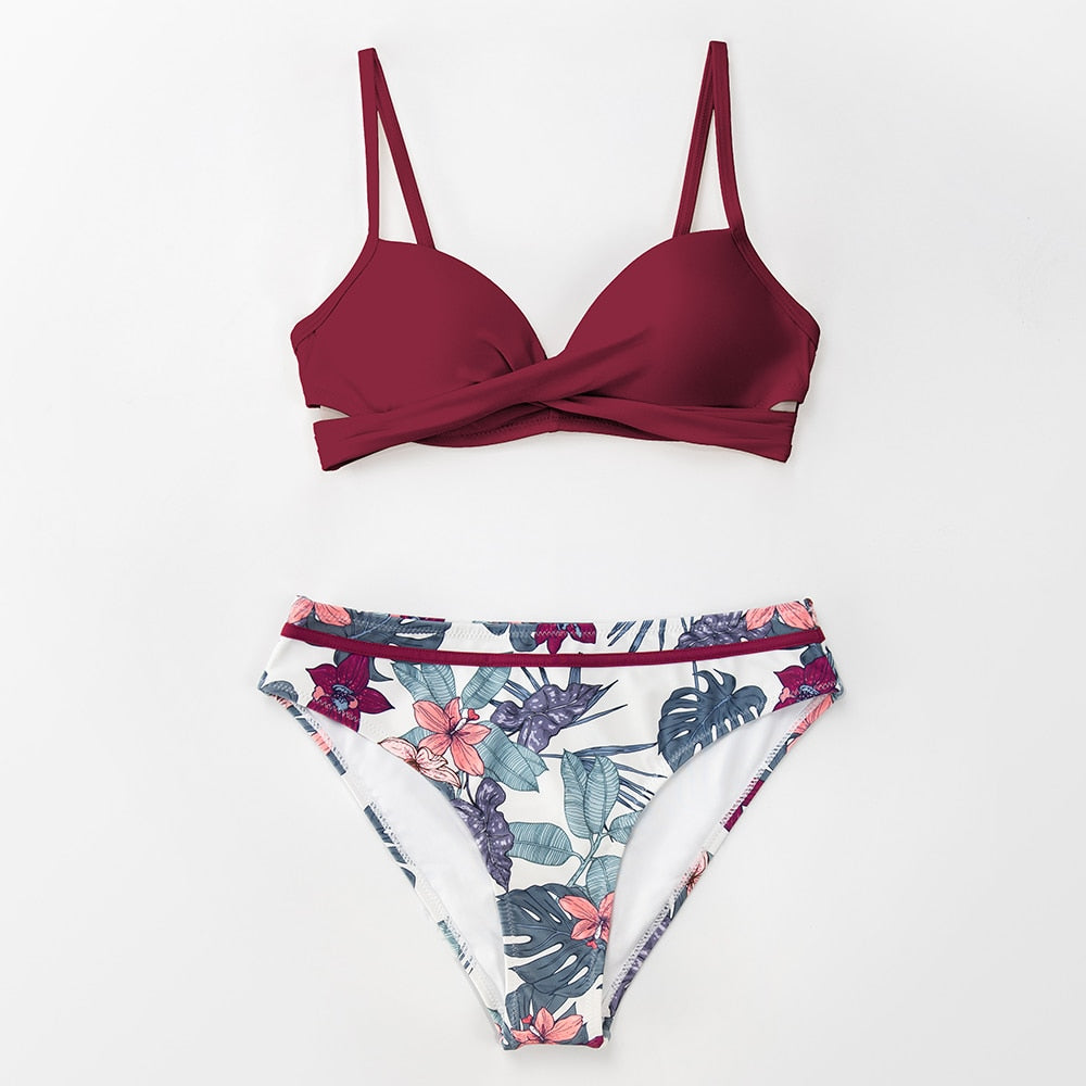 FLORAL MID WAIST SWIMSUIT PUSH UP