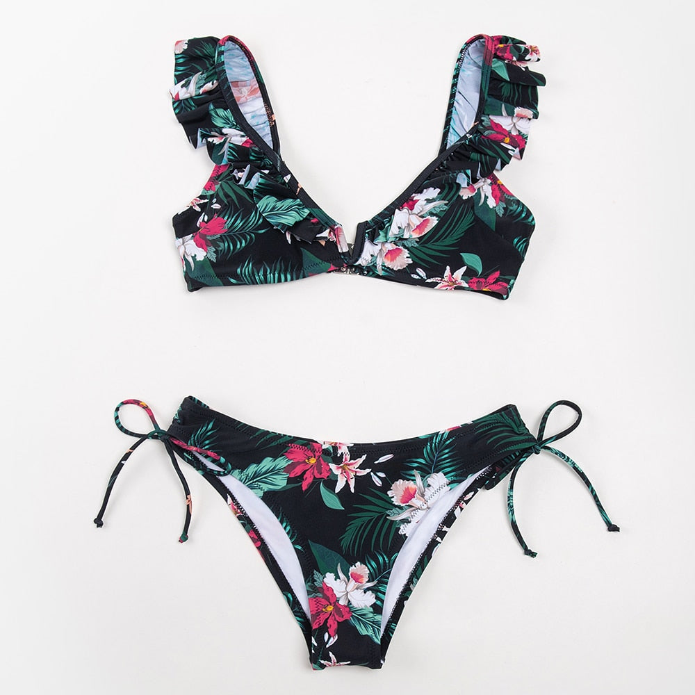 FLORAL RUFFLED V-NECK BIKINI