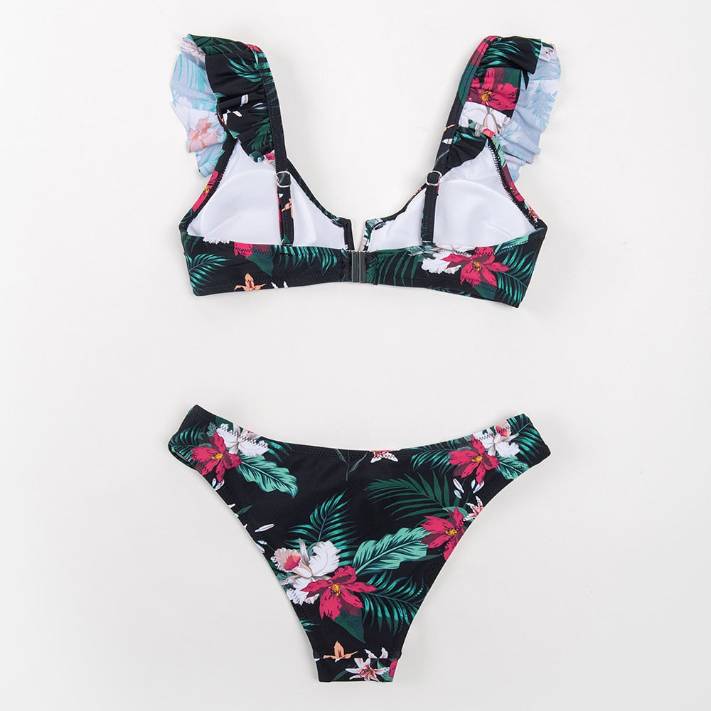FLORAL RUFFLED V-NECK BIKINI