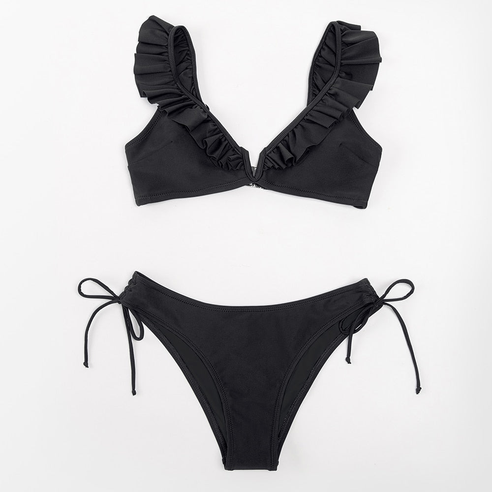 FLORAL RUFFLED V-NECK BIKINI