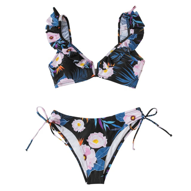 FLORAL RUFFLED V-NECK BIKINI