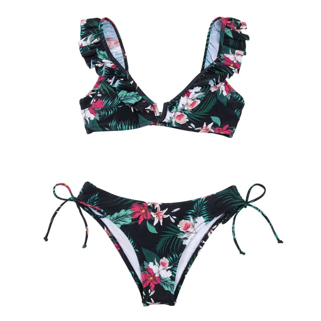 FLORAL RUFFLED V-NECK BIKINI