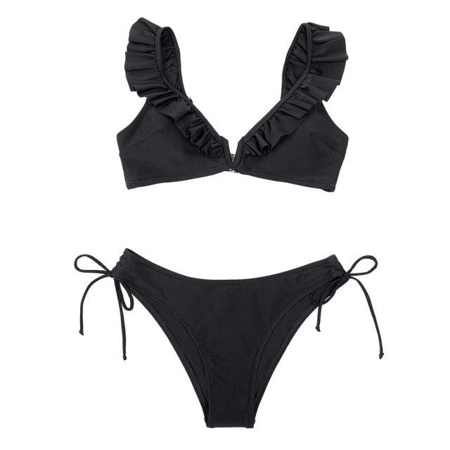 FLORAL RUFFLED V-NECK BIKINI